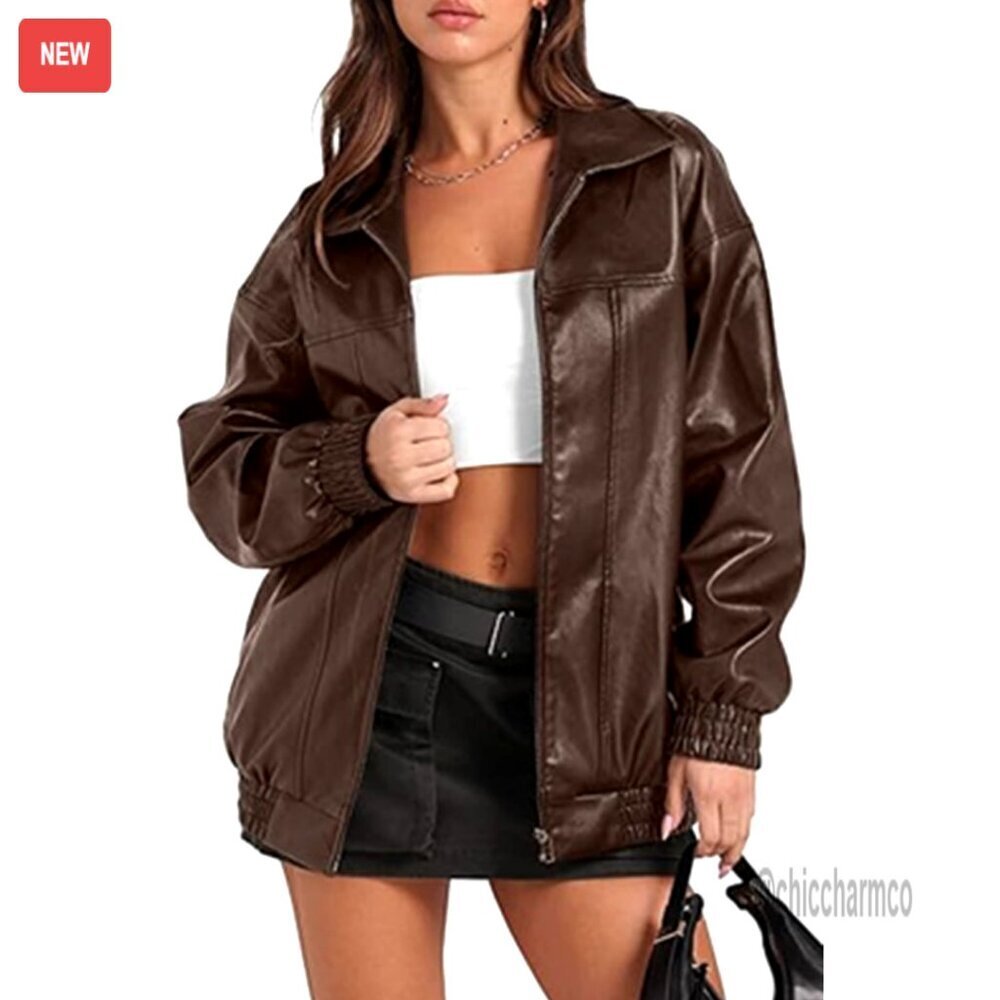 PU Leather Bomber Jacket Long Sleeve Zipper Windbreaker Outerwear